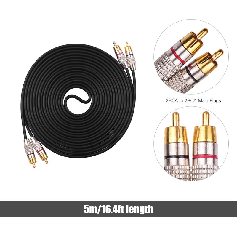 كابل RCA بطول 5 أمتار، 2 ذكر إلى 2 ذكر، سلك صوت وفيديو - موصلات مطلية بالذهب عيار 24 قيراط لأنظمة الترفيه المنزلي عالية الدقة - Image 2