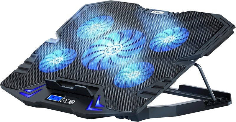 TopMate C5 Laptop Cooling Pad Gaming Notebook Cooler, Laptop Fan Cooling Stand Adjustable Height with 5 Quiet Fans Blue LED Light, Computer Chill Mat with LCD Controller, for 10-15.6 Inch Laptops - Image 1