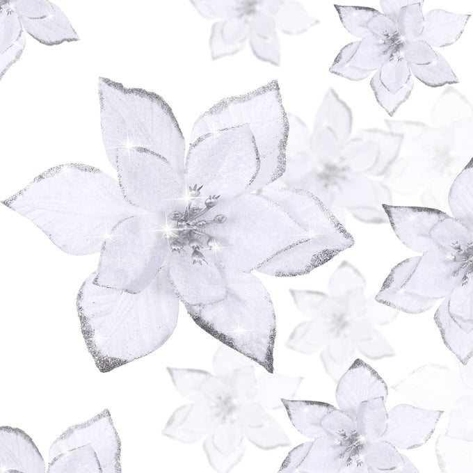 24 Pieces 3 Size Christmas Glitter Poinsettia Flowers Wedding Faux Flowers Christmas Decoration Ornaments for Tree Outdoor3246 InchesWhite