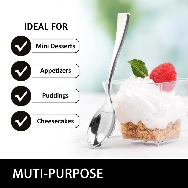 Qeirudu 4 Inch Silver Plastic Mini Spoons  100 Pack Heavy Duty Small Tasting Spoons for Party Dessert Shooters  Appetizers  Ice Creams  Food Samples  Puddings - Image 3