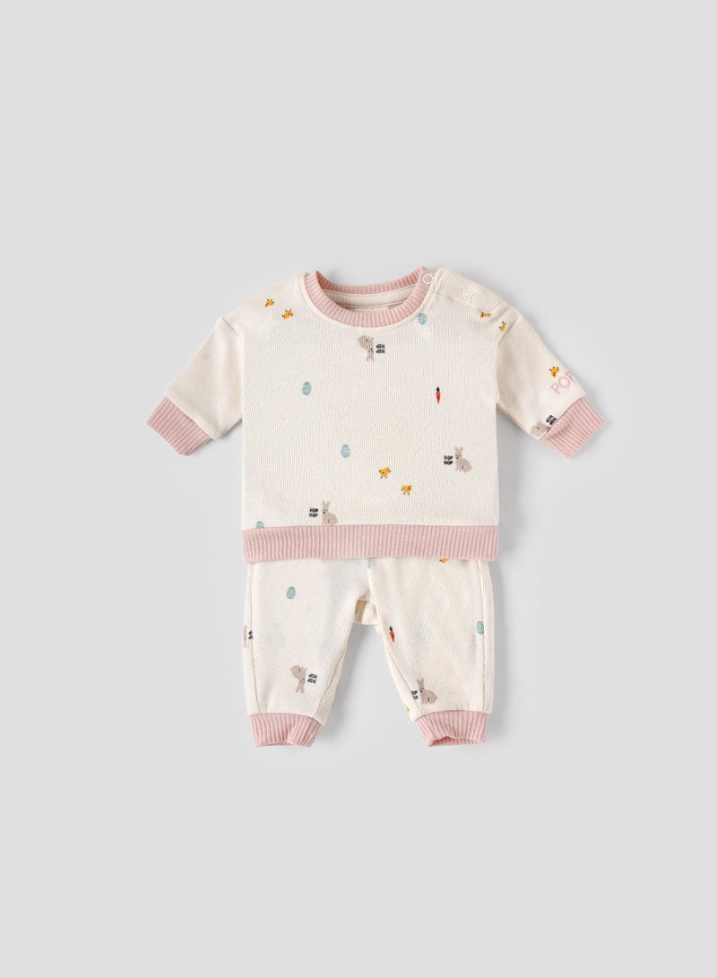 Popees Baby Girls’ Premium Rib Coordinated Set | All-Over Print | Cotton & Lycra Blend for Extra Stretch | Soft, Breathable & Skin-Friendly | Tiny Baby to 9 Months - Image 1