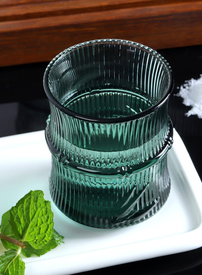 XiuWoo Green Water Glass, 4 Pack 260ml Coloured Glasses, Stackable Glass Tumblers, Bamboo Shaped Drinking Embossed Tumbler for Tea Juice Beverages - Image 4