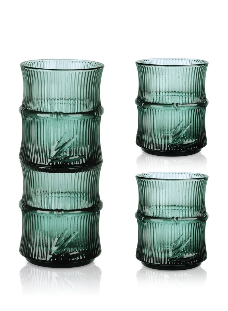 XiuWoo Green Water Glass, 4 Pack 260ml Coloured Glasses, Stackable Glass Tumblers, Bamboo Shaped Drinking Embossed Tumbler for Tea Juice Beverages - Image 1