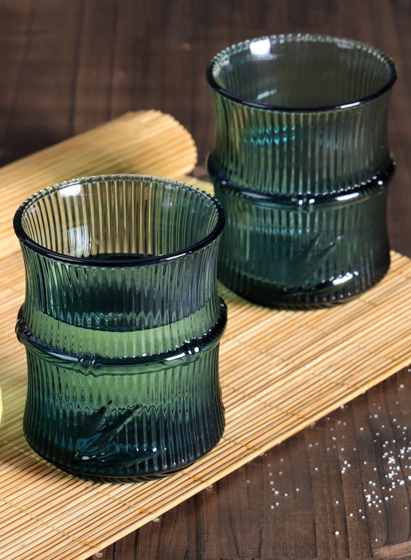 XiuWoo Green Water Glass, 4 Pack 260ml Coloured Glasses, Stackable Glass Tumblers, Bamboo Shaped Drinking Embossed Tumbler for Tea Juice Beverages - Image 3