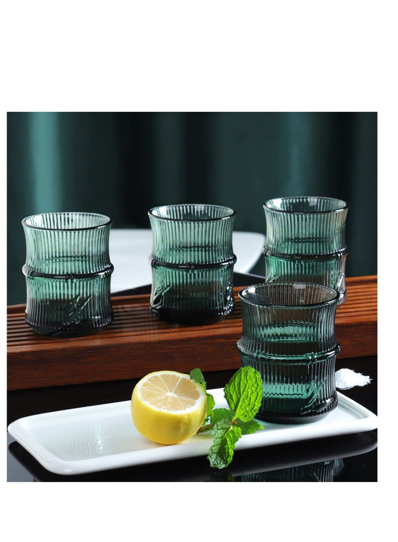 XiuWoo Green Water Glass, 4 Pack 260ml Coloured Glasses, Stackable Glass Tumblers, Bamboo Shaped Drinking Embossed Tumbler for Tea Juice Beverages - Image 5
