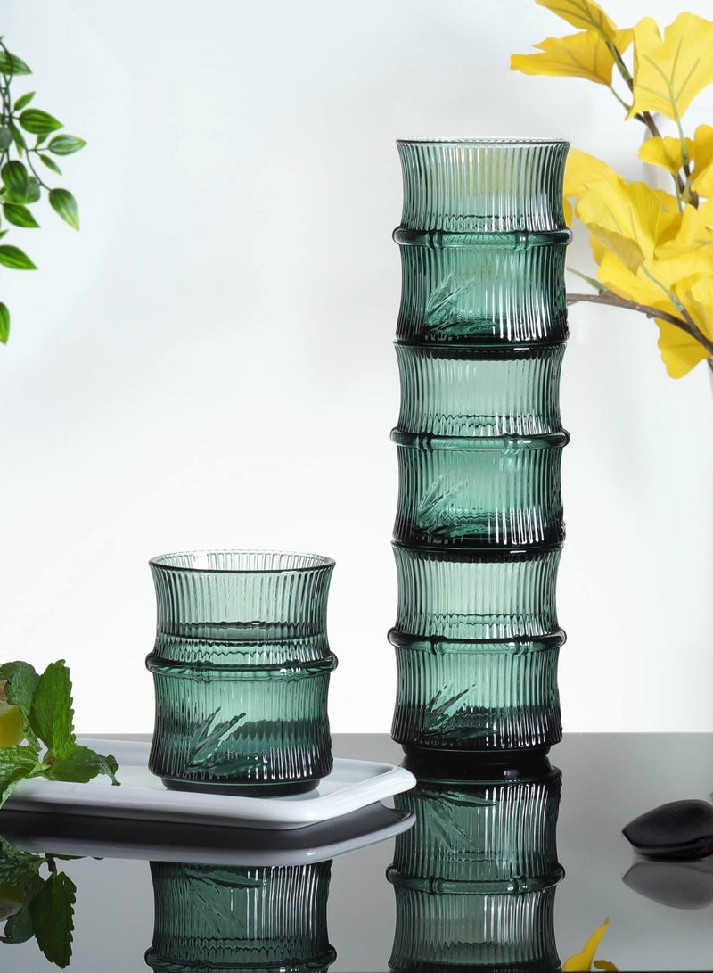 XiuWoo Green Water Glass, 4 Pack 260ml Coloured Glasses, Stackable Glass Tumblers, Bamboo Shaped Drinking Embossed Tumbler for Tea Juice Beverages - Image 2