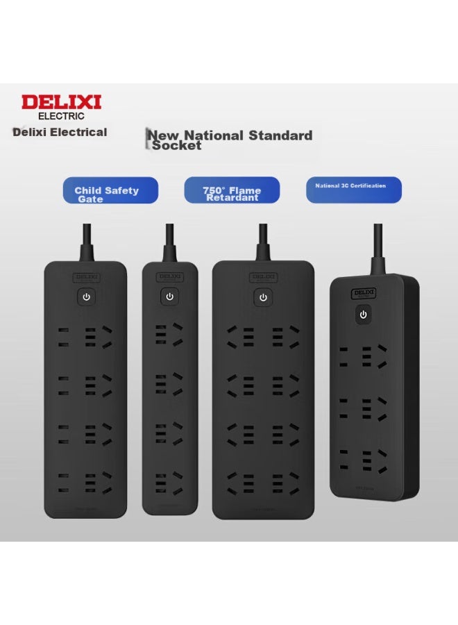 Delixi National Standard Power Strip/extension Cord/power Bar/power Strip/power Board/power Strip 6-outlet Combination Master Switch, 3 Meters Long, Black - Image 2