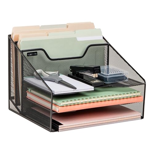 Mind Reader Metal Mesh Desktop File Organizer, 3-Tier Paper Tray with 5 Compartments, Office Mail Sorter, Black - Image 1