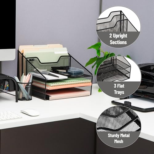 Mind Reader Metal Mesh Desktop File Organizer, 3-Tier Paper Tray with 5 Compartments, Office Mail Sorter, Black - Image 4