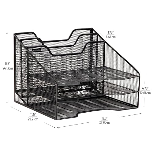 Mind Reader Metal Mesh Desktop File Organizer, 3-Tier Paper Tray with 5 Compartments, Office Mail Sorter, Black - Image 3
