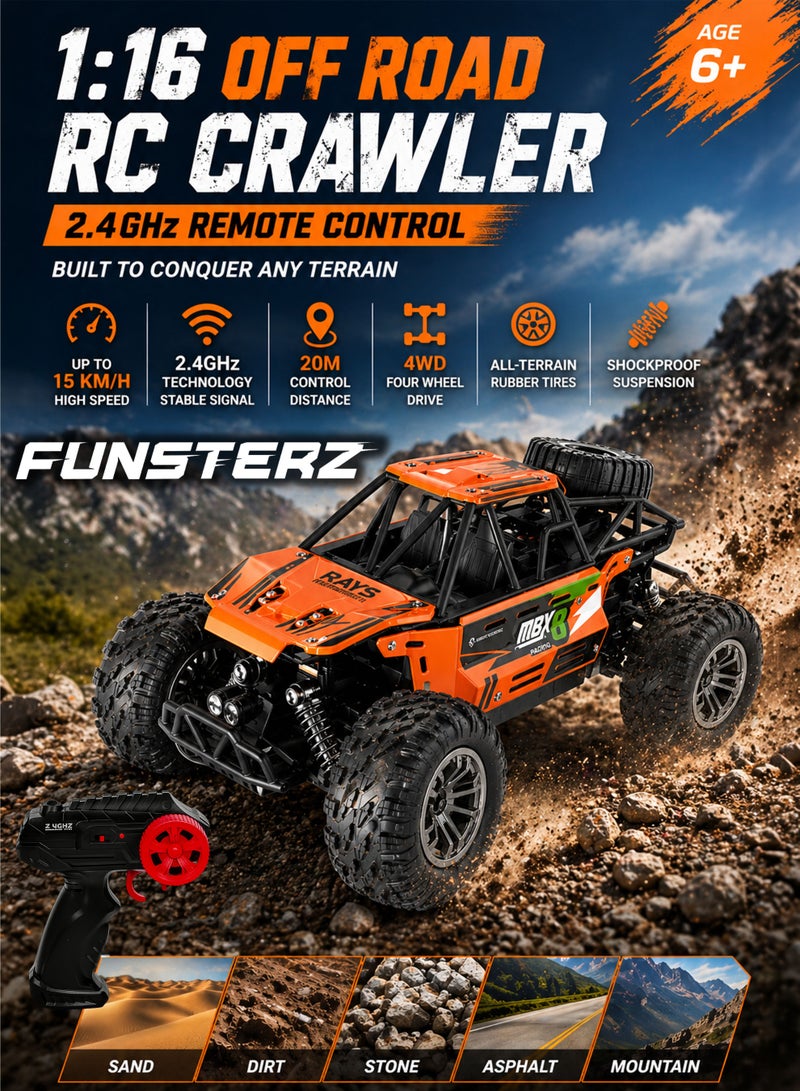 FUNSTERZ 1:16 Scale RC Off Road Crawler Car 2.4GHz Remote Control 4WD Rock Climbing Buggy High Speed 15km/h Rechargeable Battery USB Charging All Terrain Truck Toy Anti Slip Rubber Tires Shock Absorber Suspension Durable Body Outdoor Indoor Racing Car for Kids Boys Girls Age 6+ - Image 1