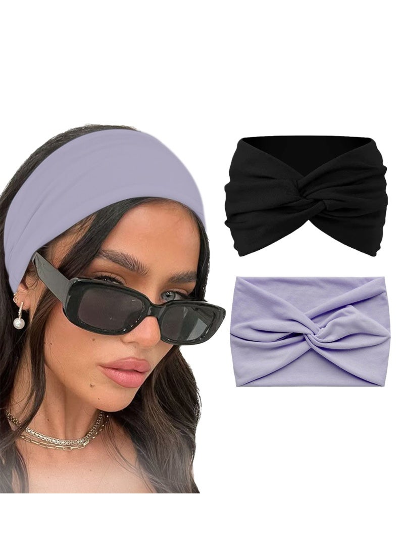 قطعتين من عصابات الرأس القطنية المحبوكة للنساء، بعقدة أنيقة، إكسسوارات شعر عصرية (أسود وبنفسجي) - Image 1