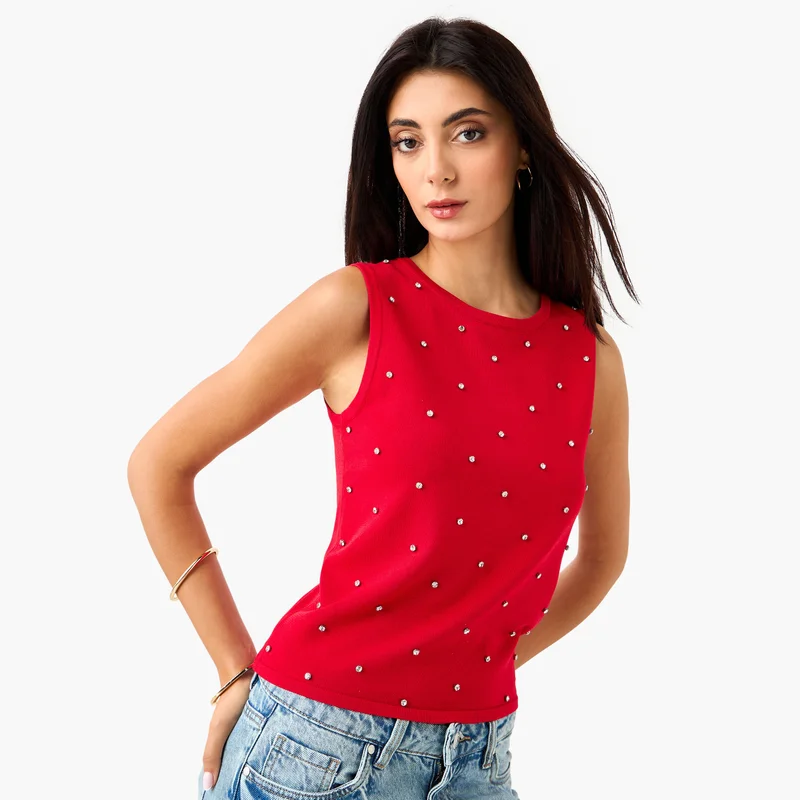 ايكونيك Iconic Stud Embellished Sleeveless Top