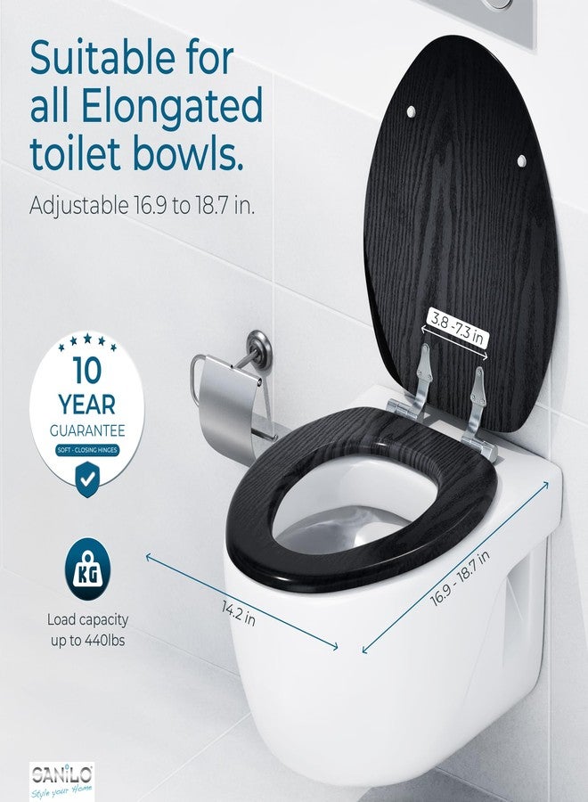 SANILO Wooden Toilet Seat with Soft Close [ELONGATED] - Decorative, Quiet & Slow Close Molded Wood Seat - With Strong Bumpers & Hinges - Adjustable Fit - Black Wood - Image 4