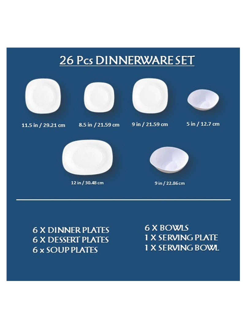 Houzi طقم عشاء هوزي 26 قطعة من الخزف الأوبال 6 أطباق عشاء 6 أطباق حلوى 6 سلطانيات 6 أطباق شوربة 1 طبق تقديم 1 وعاء تقديم خالي من BPA - Image 2