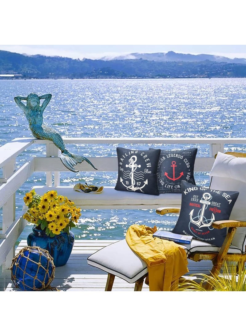 SOLARAE Navy Blue Cushion Covers, Set of 4 45cm x 45cm Waterproof Linen Pillow Case, Ocean Anchors Theme Square Throw Pillow Cover for Sofa, Bed, Home, Patio Decor - Image 2