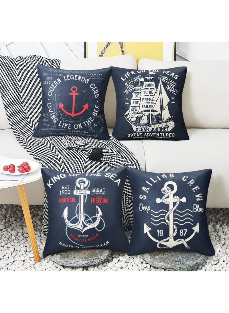 SOLARAE Navy Blue Cushion Covers, Set of 4 45cm x 45cm Waterproof Linen Pillow Case, Ocean Anchors Theme Square Throw Pillow Cover for Sofa, Bed, Home, Patio Decor - Image 3