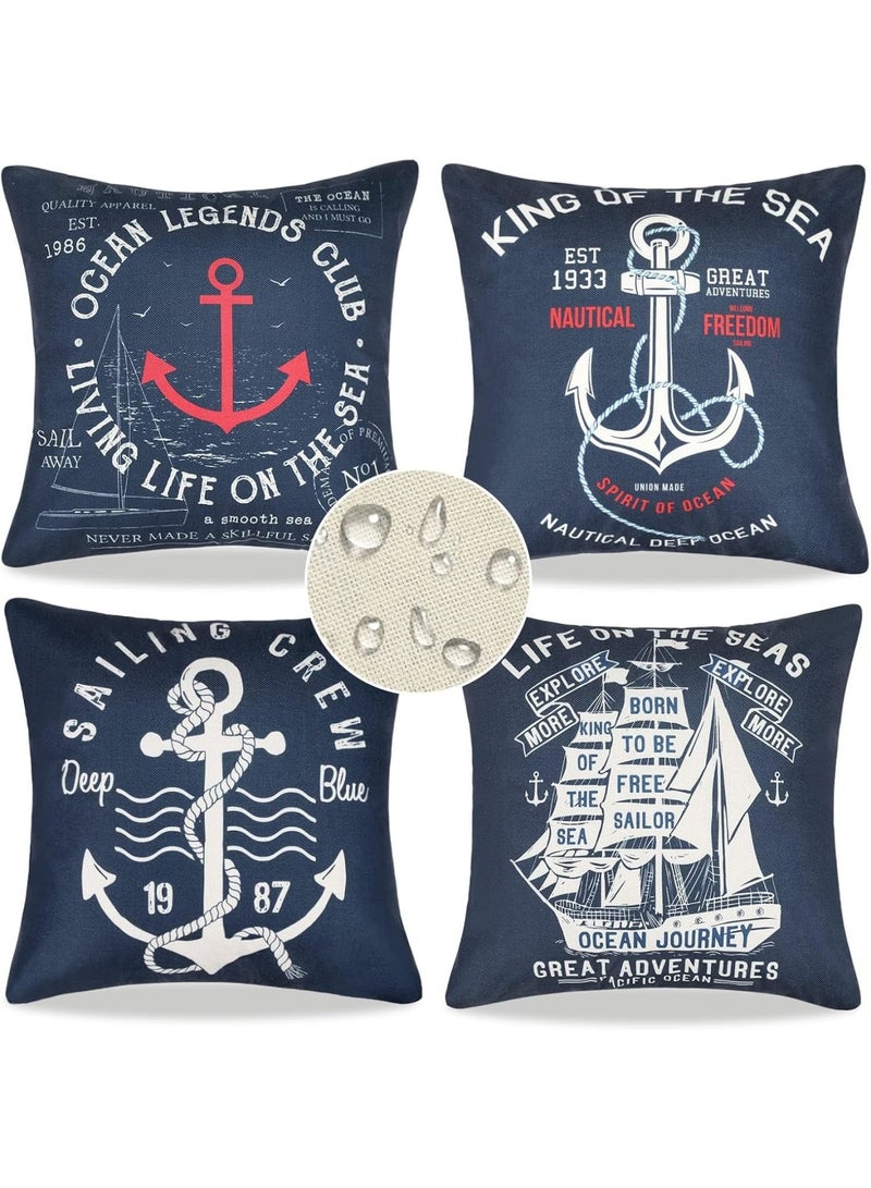 SOLARAE Navy Blue Cushion Covers, Set of 4 45cm x 45cm Waterproof Linen Pillow Case, Ocean Anchors Theme Square Throw Pillow Cover for Sofa, Bed, Home, Patio Decor - Image 1