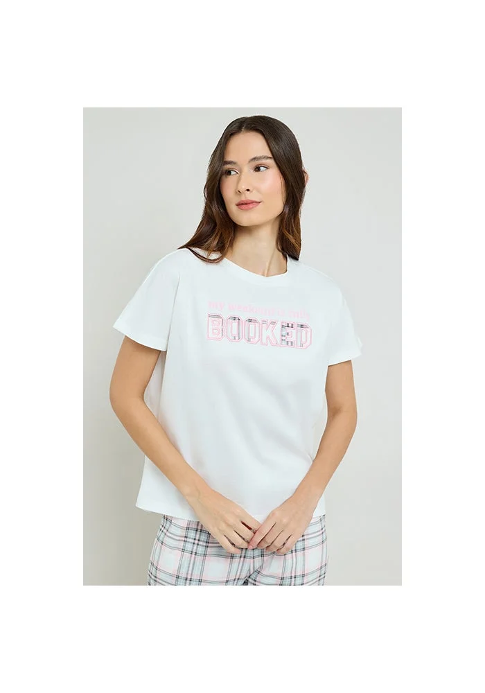 أر أند بي Printed Sleep Top with Crew Neck and Short Sleeves