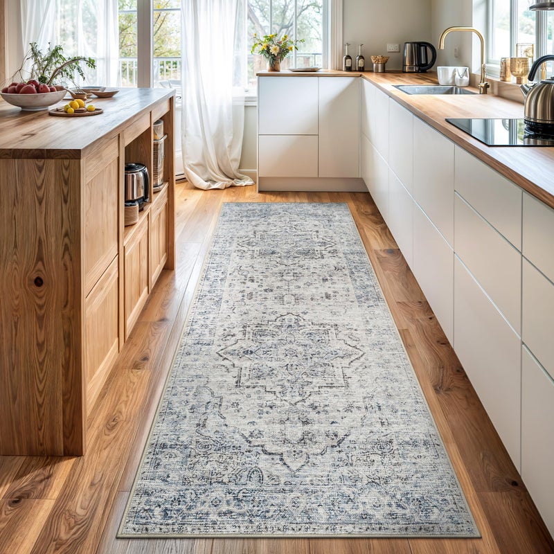 Bloom Rugs Caria Washable Non-Slip 7 ft Runner - Ivory/Blue/Gray Traditional Runner for Entryway, Hallway, Bathroom, and Kitchen - Exact Size: 2'6" x 7' - Image 1