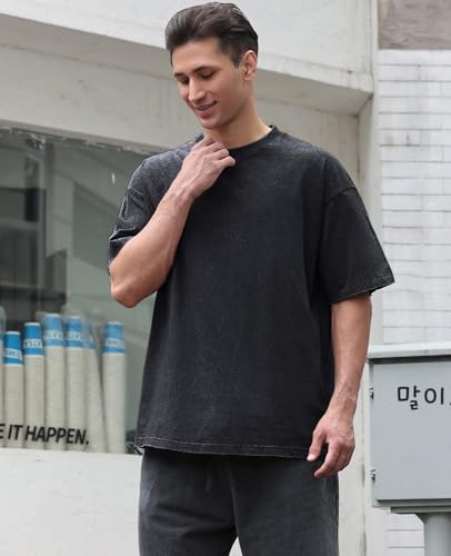 KEEPSHOWING 3 Pcs Oversized Heavy Cotton Summer T-Shirts Vintage Unisex Short Sleeves Casual Loose Basic Tops(Black+Black+Black L) - Image 2