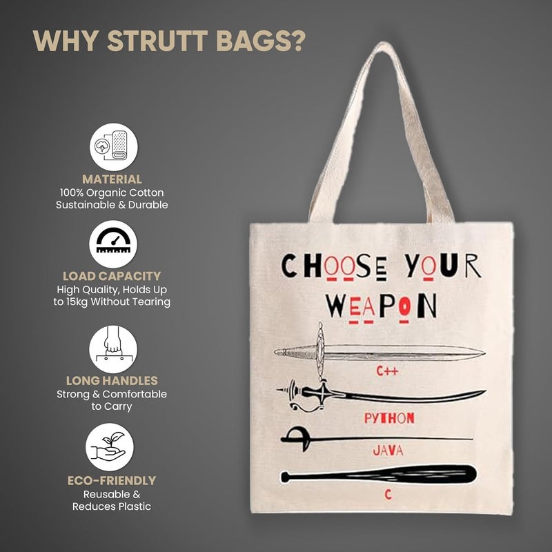 STRUTT Foldable Canvas Tote Bag for Women, Tote Bag for College Girls,100% Organic Cotton Reusable Shopping Bag for Grocery, Eco-Friendly Multi-Purpose Bag for Travel & Daily Use - Choose Your Weapon - Image 2