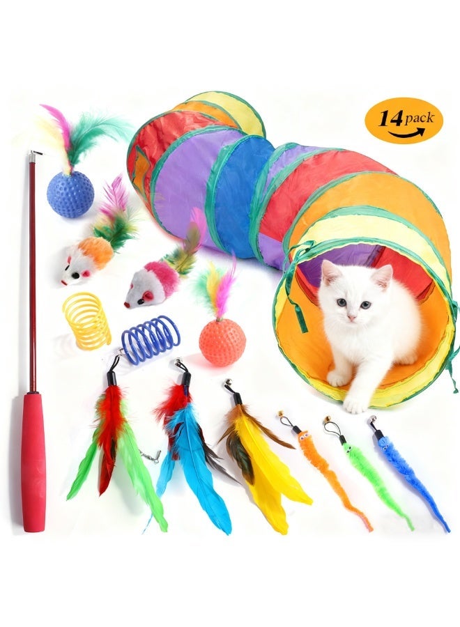 مجموعة ألعاب قطط مكونة من 14 قطعة للقطط الصغيرة في الأماكن المغلقة: ألعاب تفاعلية للحيوانات الأليفة مع مسار تمرين قناة قوس قزح - Image 1