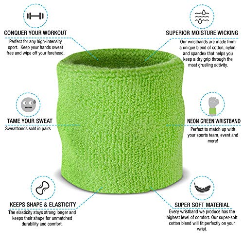 Suddora Wrist Sweatbands, Absorbent and Breathable Thick Cotton Bands for Working Out, Gymnastics, Basketball, Tennis, and Football, Multiuse Wristbands for Costumes and Cosplay (Pair) (Neon Green) - Image 2