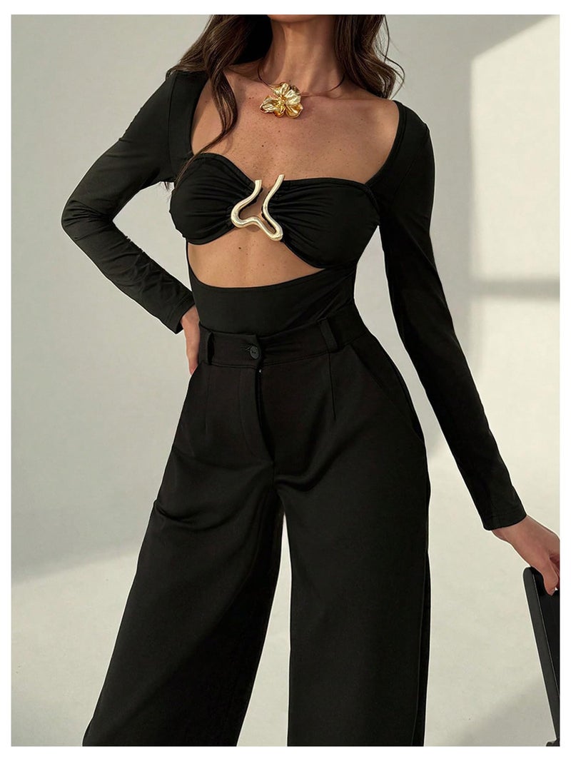 MakeMeChic Women's Long Sleeve Cut Out Metal Ring Bodysuit Going Out Leotard Tops Black Medium - Image 5