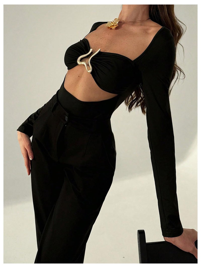 MakeMeChic Women's Long Sleeve Cut Out Metal Ring Bodysuit Going Out Leotard Tops Black Medium - Image 2