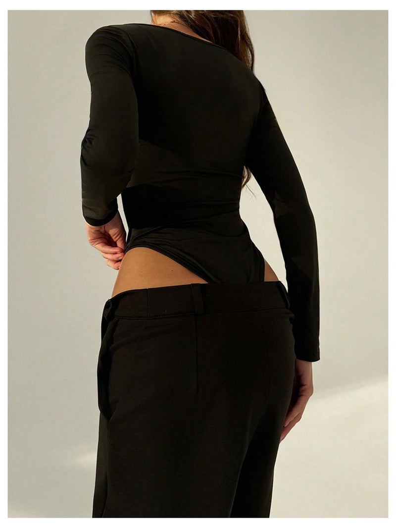 MakeMeChic Women's Long Sleeve Cut Out Metal Ring Bodysuit Going Out Leotard Tops Black Medium - Image 3