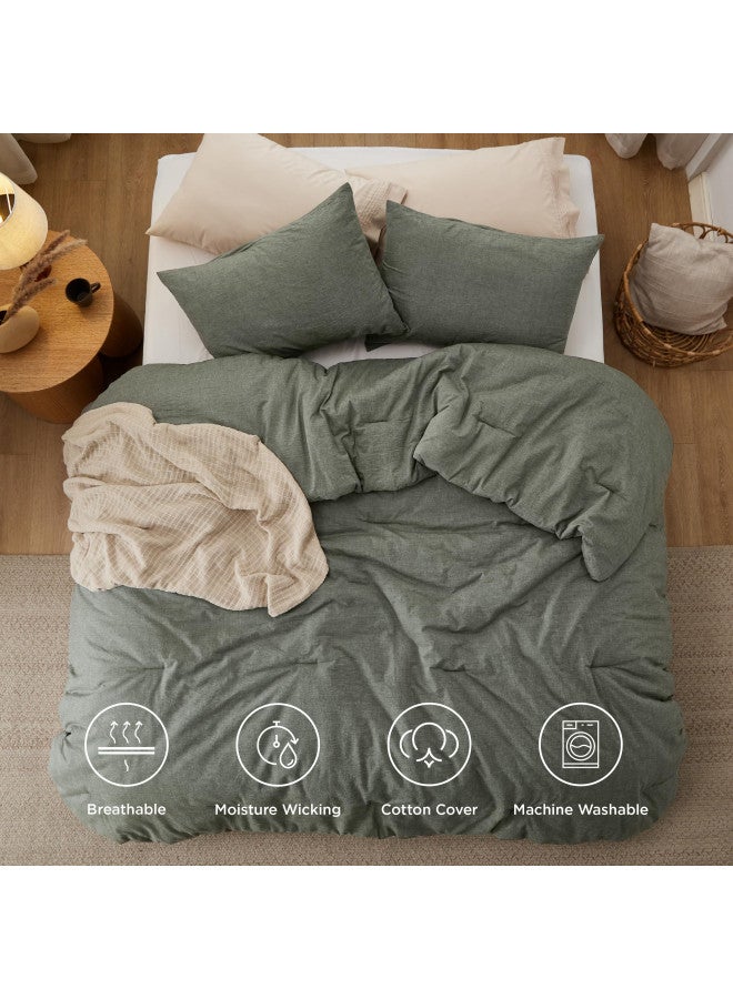 Bedsure Bedsure Cotton Comforter Set Queen Size - Grayish Olive Green 100% Washed Cotton Comforter, Soft Bedding for All Seasons, 3 Pieces, 1 Comforter (90"x90") and 2 Pillow Cases (20"x26")  - Image 3