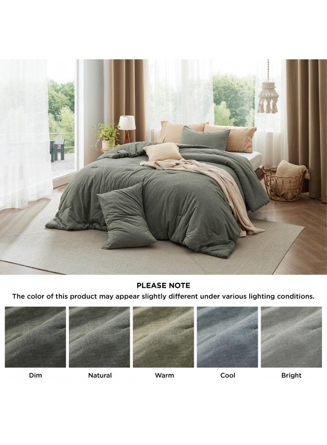 Bedsure Bedsure Cotton Comforter Set Queen Size - Grayish Olive Green 100% Washed Cotton Comforter, Soft Bedding for All Seasons, 3 Pieces, 1 Comforter (90"x90") and 2 Pillow Cases (20"x26")  - Image 4