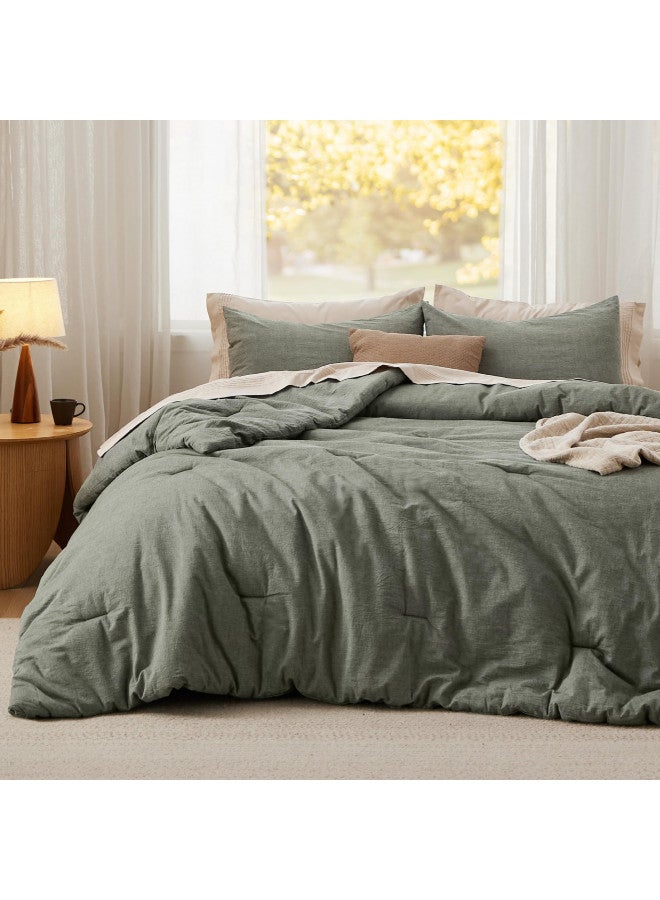 Bedsure Bedsure Cotton Comforter Set Queen Size - Grayish Olive Green 100% Washed Cotton Comforter, Soft Bedding for All Seasons, 3 Pieces, 1 Comforter (90"x90") and 2 Pillow Cases (20"x26")  - Image 1