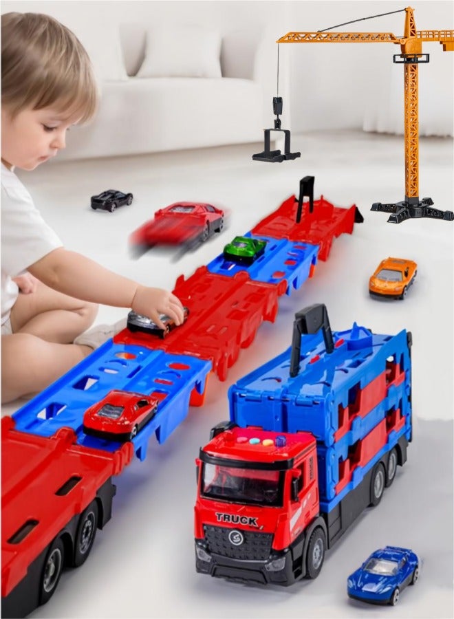 Car Racing Track Toy Playset, Foldable 2 Layer Car Race Track Truck Transport Car Carrier Container Truck Racing Track Parking Garage Ejection Race Truck with 8 Alloy Cars & Crane for Boys Girls 3+Years (Red + Blue)  - Image 1