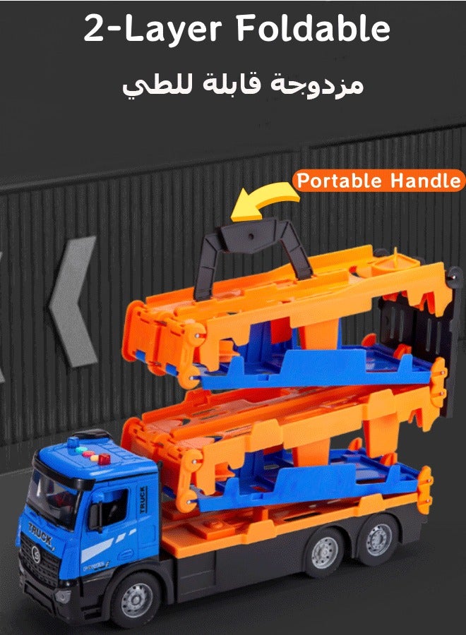 Car Racing Track Toy Playset, Foldable 2 Layer Car Race Track Truck Transport Car Carrier Container Truck Racing Track Parking Garage Ejection Race Truck with 8 Alloy Cars & Crane for Boys Girls 3+Years (Red + Blue)  - Image 5