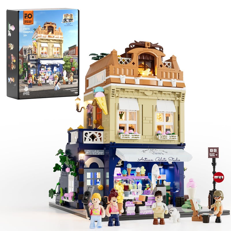 FUNWHOLE GelatoStore Lighting BuildingBricks Set City Town Ice Cream Shop LED Light Modular Collection Kit 1948 Pcs Display Model for Adults and Dessert Lovers - Image 2