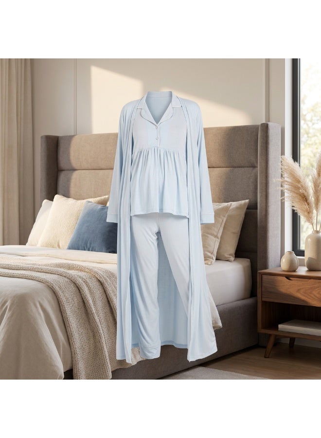 3-Piece Maternity & Nursing Pajama Set with Long Sleeve Top, Adjustable Waist Pants & Short Lace Robe | Cotton Viscose Blend | Made in Turkey - Image 2