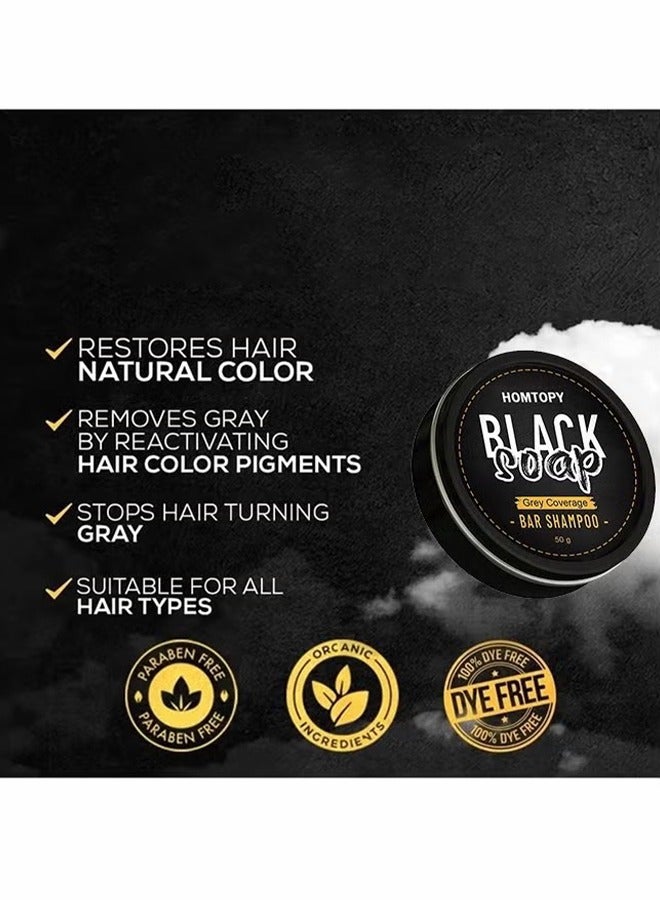 HOMTOPY Black Soap Grey Coverage Bar Shampoo 50g, hair darkening soap bar with botanical herbal extracts for hair growth and dye free solution to gray hair - Image 3