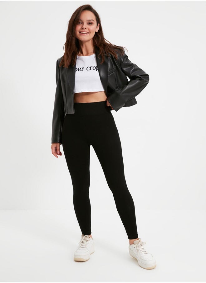 trendyol - Black High Waist Basic Knitted Interlock Leggings With Elastic Waist TWOAW20TA0047 - Image 1