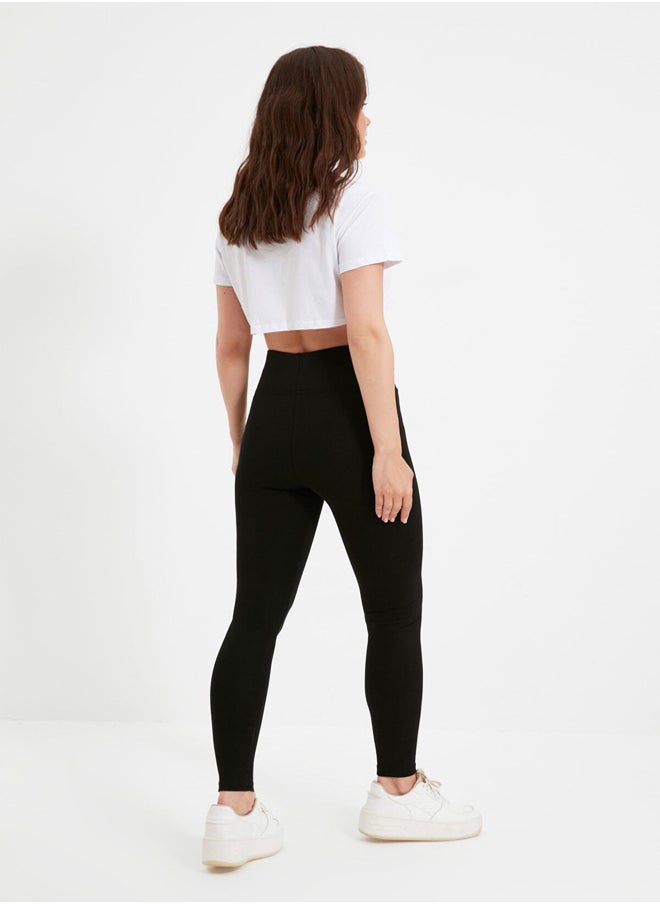 trendyol - Black High Waist Basic Knitted Interlock Leggings With Elastic Waist TWOAW20TA0047 - Image 1