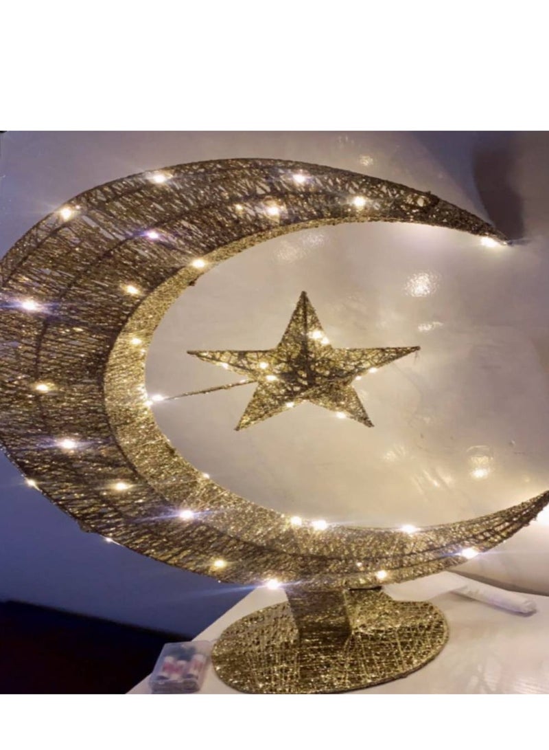 Decor Large Eid Metal Moon Star Light Decor 26.4 Inch LED Ramadan Mubarak Crescent Lamp Ramadan Decorative LED Eid Crescent Lamp Mubarak Star Moon Lamp Stand with Battery Powered - Image 1