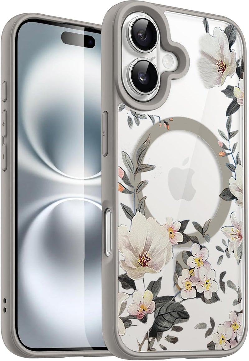 VONZEE Compatible with iPhone 16 Case Luxury Retro Flowers Floral Clear for Magnetic Wireless Charging Case Shockproof Case PC+TPU Cute Glossy Shiny Cover for Girls Women, 6.1'' Grey - Image 1