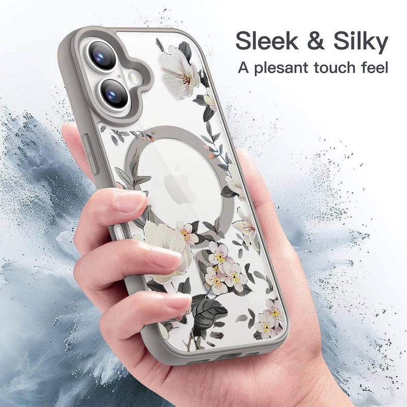 VONZEE Compatible with iPhone 16 Case Luxury Retro Flowers Floral Clear for Magnetic Wireless Charging Case Shockproof Case PC+TPU Cute Glossy Shiny Cover for Girls Women, 6.1'' Grey - Image 3