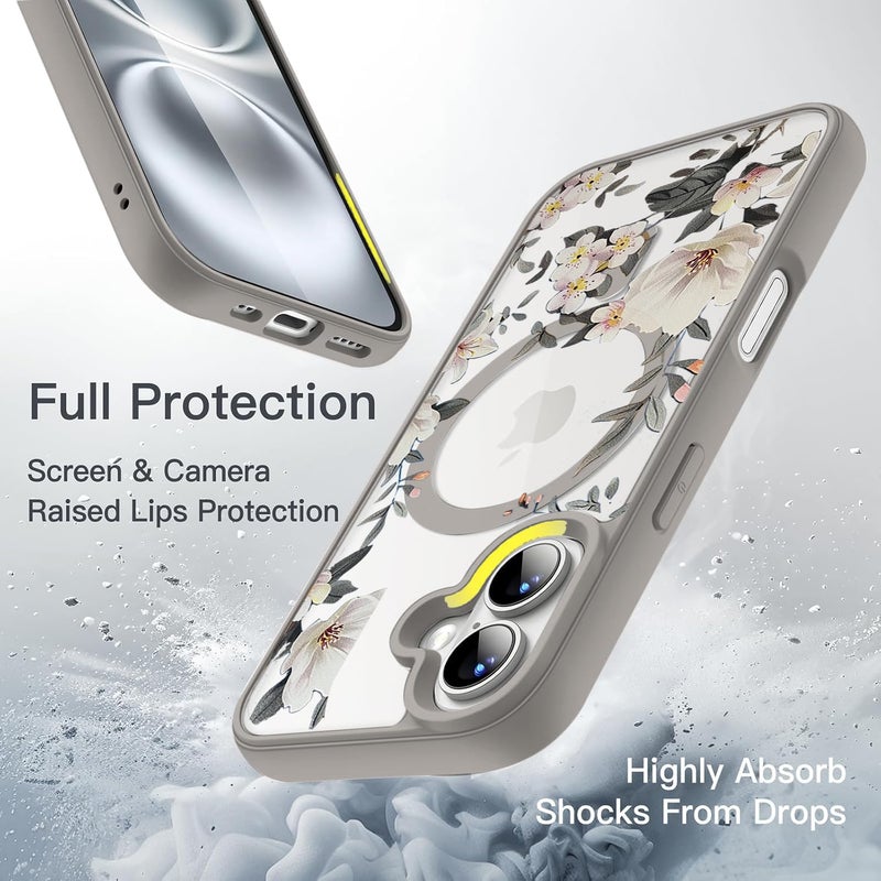 VONZEE Compatible with iPhone 16 Case Luxury Retro Flowers Floral Clear for Magnetic Wireless Charging Case Shockproof Case PC+TPU Cute Glossy Shiny Cover for Girls Women, 6.1'' Grey - Image 5