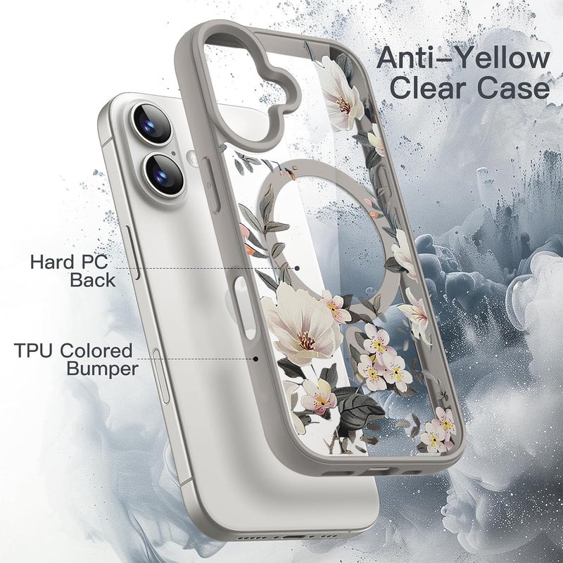 VONZEE Compatible with iPhone 16 Case Luxury Retro Flowers Floral Clear for Magnetic Wireless Charging Case Shockproof Case PC+TPU Cute Glossy Shiny Cover for Girls Women, 6.1'' Grey - Image 4