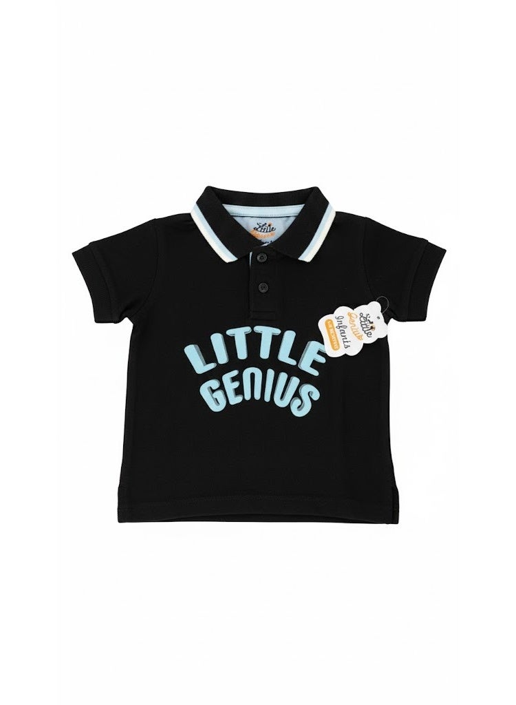Here are a few options for a title for the baby/toddler black polo shirt with the "LITTLE GENIUS" text, ranging from concise to more descriptive: Short & Catchy  * Little Genius Black Polo Shirt  * Infant Boys' Genius Black Polo  * Black "Little Genius" Collared T-Shirt Descriptive & SEO-Friendly  * Infant/Toddler Boys Black Polo T-Shirt with "Little Genius" Applique  * Soft Cotton Baby Polo Shirt - Black with Light Blue "Little Genius" Print  * Kids' Short Sleeve Black Polo Top with Contrast Collar - Little Genius Highlighting the Style  * Black Polo Tee with Cool "LITTLE GENIUS" 3D Text  * Stylish Baby Black Polo with Contrast Tipped Collar and Genius Slogan Which age group is this shirt for (e.g., 0-3M, 2T, etc.)? I can make the title even more specific if you provide the size. - Image 1