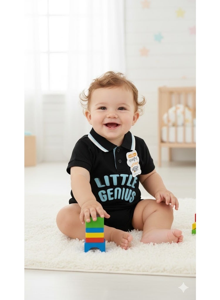 Here are a few options for a title for the baby/toddler black polo shirt with the "LITTLE GENIUS" text, ranging from concise to more descriptive: Short & Catchy  * Little Genius Black Polo Shirt  * Infant Boys' Genius Black Polo  * Black "Little Genius" Collared T-Shirt Descriptive & SEO-Friendly  * Infant/Toddler Boys Black Polo T-Shirt with "Little Genius" Applique  * Soft Cotton Baby Polo Shirt - Black with Light Blue "Little Genius" Print  * Kids' Short Sleeve Black Polo Top with Contrast Collar - Little Genius Highlighting the Style  * Black Polo Tee with Cool "LITTLE GENIUS" 3D Text  * Stylish Baby Black Polo with Contrast Tipped Collar and Genius Slogan Which age group is this shirt for (e.g., 0-3M, 2T, etc.)? I can make the title even more specific if you provide the size. - Image 3