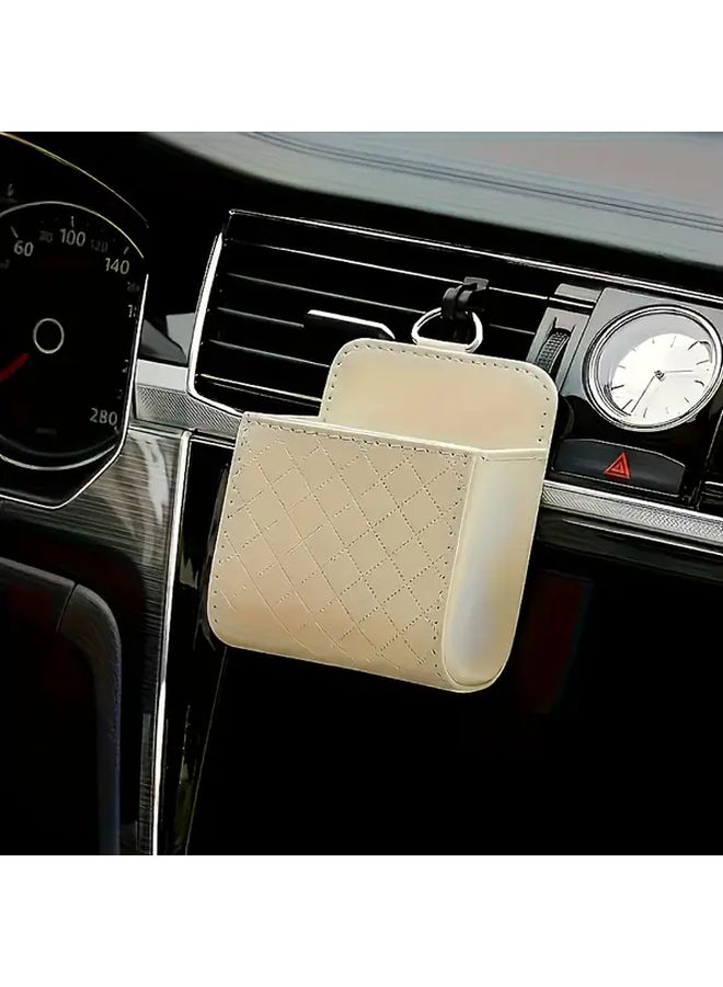 Beige Car Hanging Bag Organizer For Glasses Phone Storage Multifunctional Trash Can - Image 4