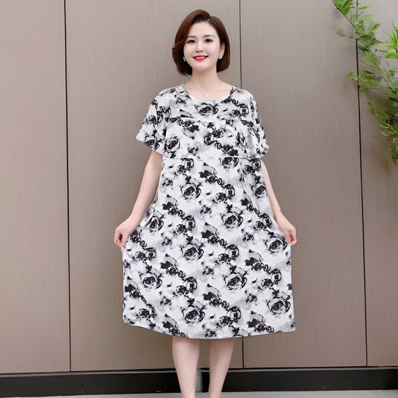 45 Bump Ruffled Floral Short-sleeved dress Womens Summer Loose Slimming Mothers Middle-aged Age-reducing Skirt 9 Colour Dress 